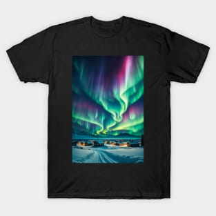 Northern Lights Over A Mountain Village T-Shirt